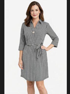 Striped Shirt Dress S Black White Belted Mlle Gabrielle Career Office Academia